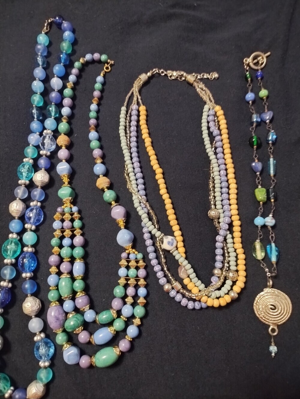 Set Of 4 Vintage Blue/Purple/Green Beaded Necklaces